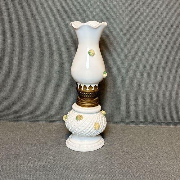 Vintage Miniature Opaline Hobnail Milk Glass Oil Lamp With UV Yellow Roses - Picture 2 of 10